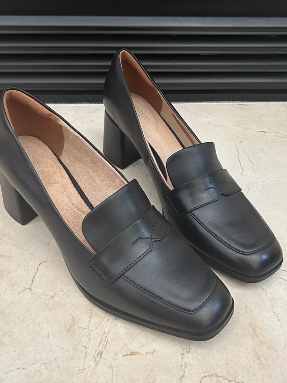Rockport black leather loafers with block heel